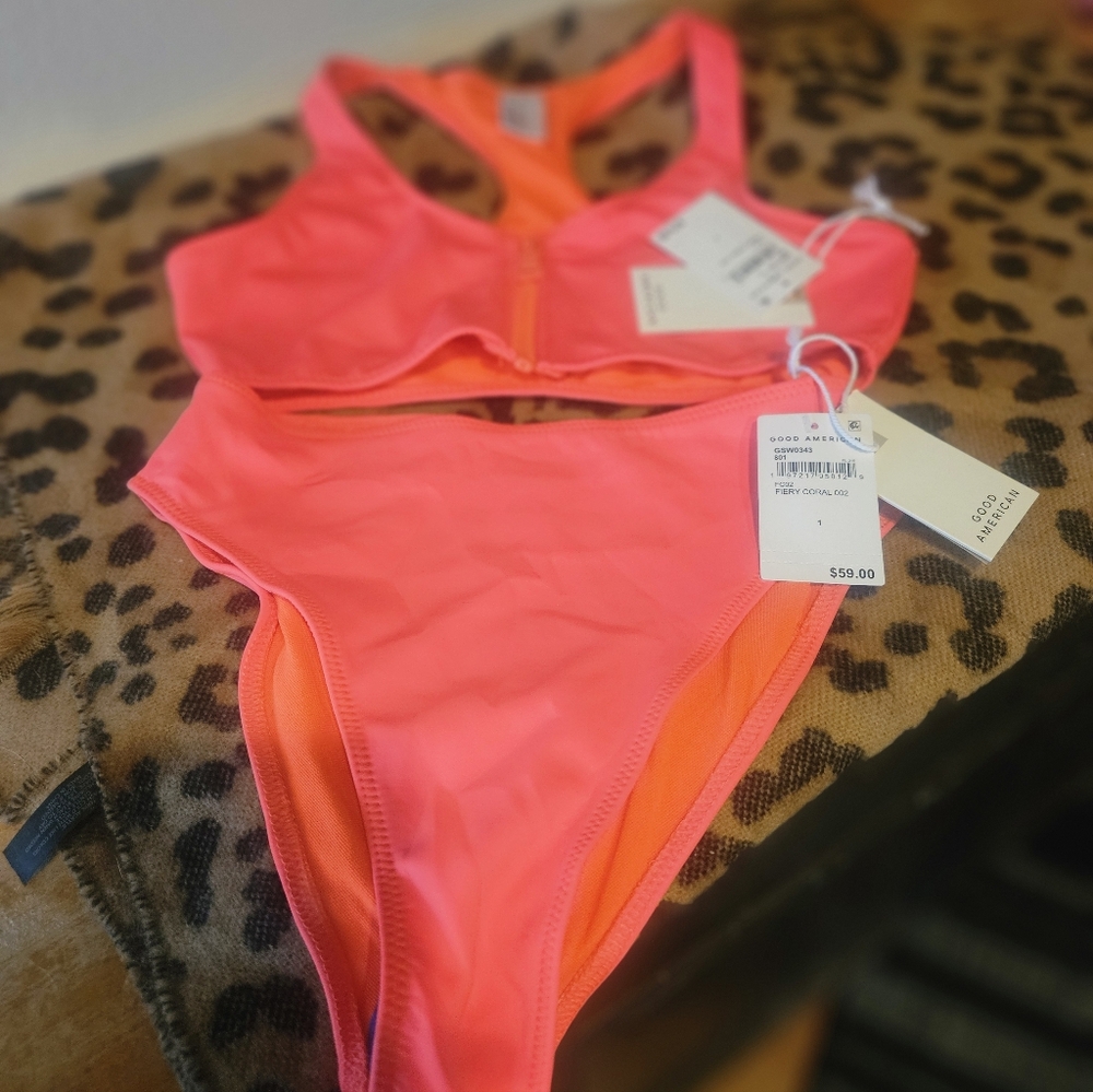NWT Good American Fiery Coral Bikini Liner Intact In Bottoms Never Tried On